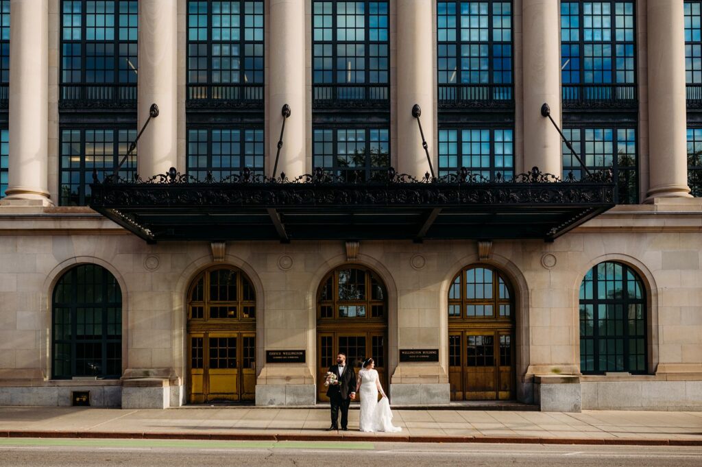 Wedding couple portraits outside the Wellington Building in downtown Ottawa