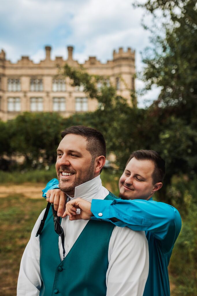 Grooms getting ready outside the Canadian Museum of Nature in Ottawa