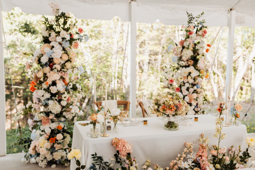 closeup of reception table of couple